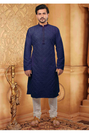 Denim Blue with White Color Silk Kurta Set